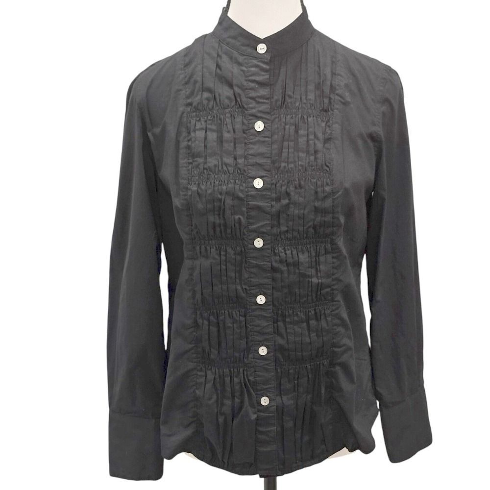 Black Pintuck Tuxedo Shirt Button Front Cotton Blouse Womens 4 Charter Club